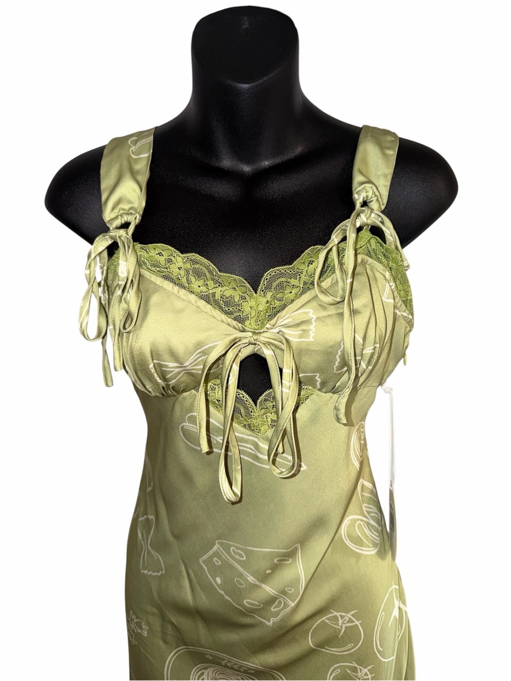 Sweetheart Neck Pasta Print Lace-Trim Satin Slip Midi Dress in Light Olive XS